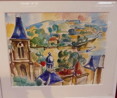 DESPIERRE. Paysage aux clochers. Aquarelle...