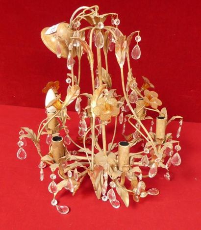 LUSTRE en tôle, pendeloques et fleurettes...