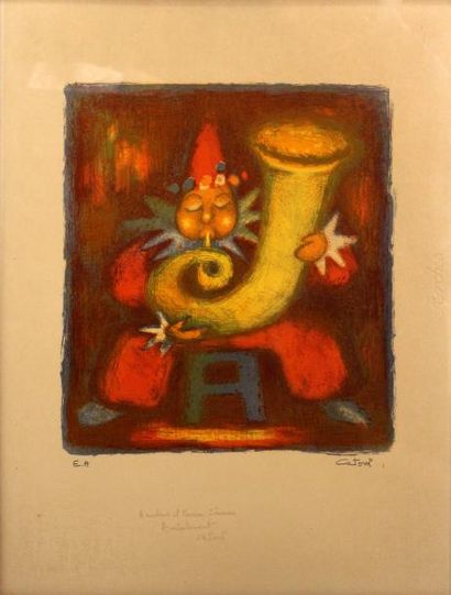 Jacky CATONI (XX) Clown jouant du tuba. Lithographie,...