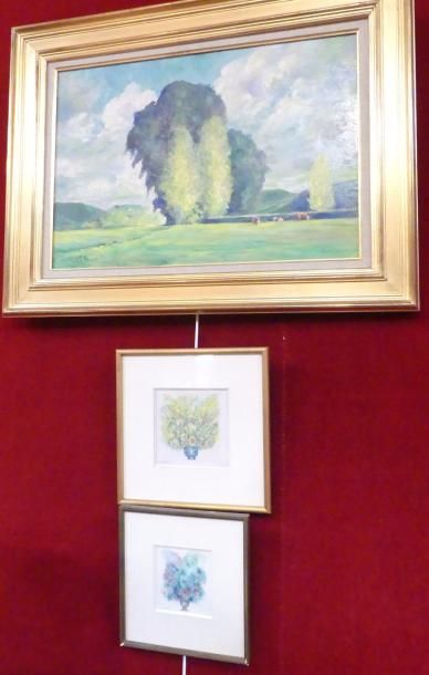 Raymond QUIBEL (1883-1978). Vaches au pré,...