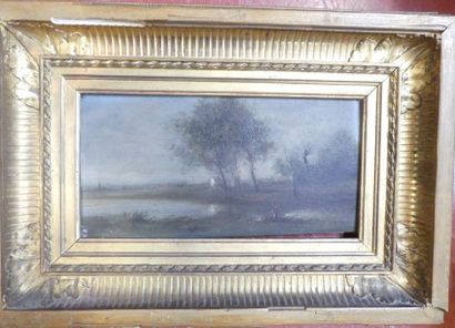 Huile sur panneau, Au bord du lac. 