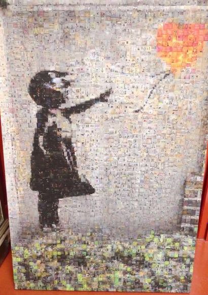 D'après BANKSY, toile imprimée, fillette...
