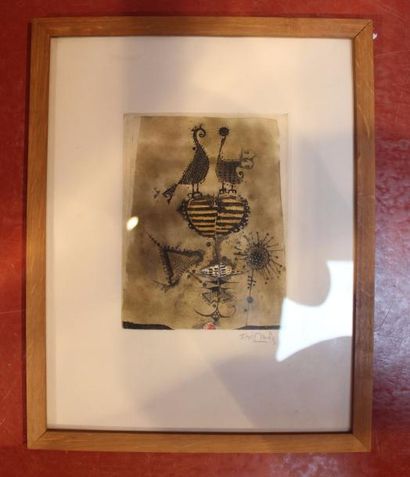 Gravure, Composition aux oiseaux, signée