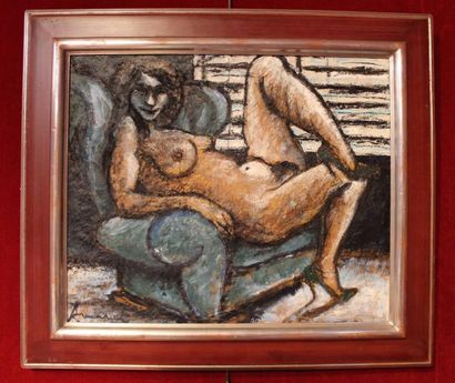 Nu au fauteuil, huile sur toile signée en...