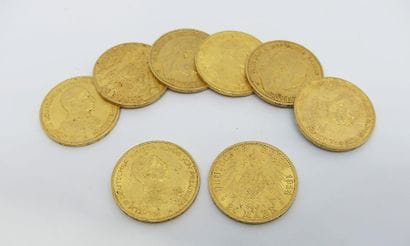 HUIT PIECES de 20 deutschemarks en or. Poids...