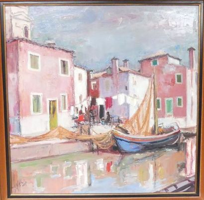 JOFFRIN, Maisons roses à Burano. Huile sur...