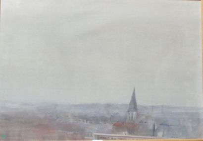 Ecole française XXe. Crépuscule sur le clocher....