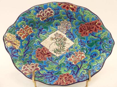 LONGWY, bannette en faïence émaillée cloisonnée...