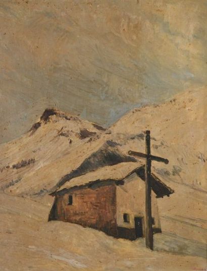 P. DOUARD, XXe. Chapelle en montagne. Huile...