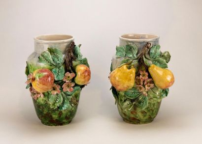 LONGCHAMP. Two vases in barbotine: apples...