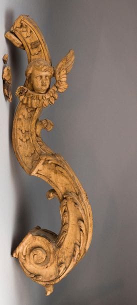 Natural carved wooden altar element, end...