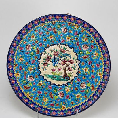 LONGWY. Large enamel dish with blue background,...