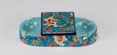 LONGWY. Enamel inkwell with vegetal decoration...