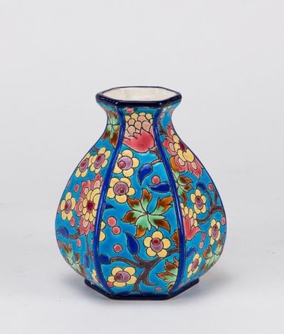 LONGWY. Vase with cut sides in enamels with...