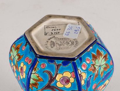 LONGWY. Vase with cut sides in enamels with...