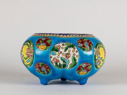 LONGWY. Tri-lobed tripod planter in enamels...