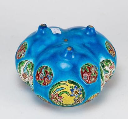 LONGWY. Tri-lobed tripod planter in enamels...