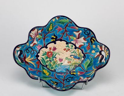LONGWY. Poly-lobed basket in enamels with...
