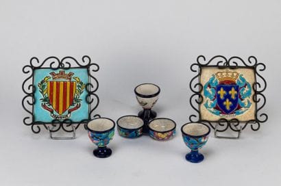 LONGWY. Enamel set comprising two crest tiles,...