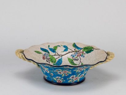 LONGWY. Enamel basket with twisted handles...