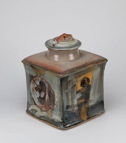 Quadrangular glazed stoneware covered pot...