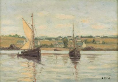 CHIVET (XIX-XXth). Fishing boats in Brittany....