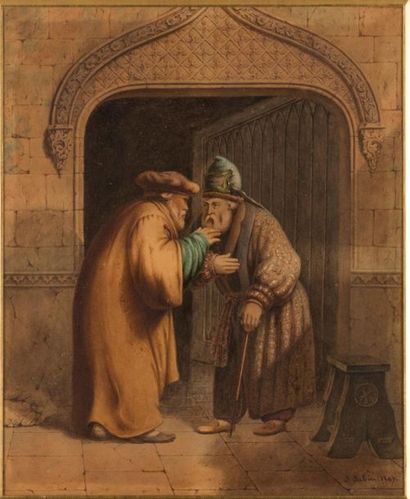 *J. JUBIN. Characters in 16th century costumes....