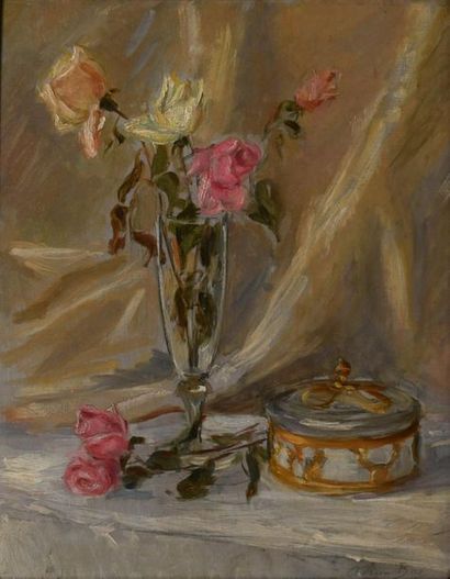 Adrien BAS (1884-1925). Roses et bonbonnière....
