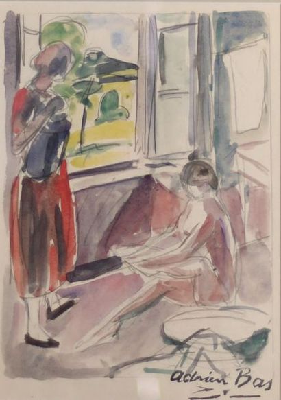 Adrien BAS (1884-1925). La chambre. Aquarelle,...