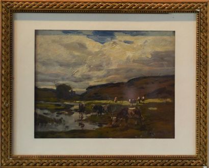 Clovis TERRAIRE (1858-1931). Vaches s'abrevant....