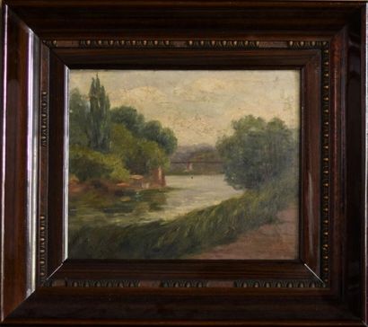 H.Godart (?) Vue de l'île Barbe à Lyon. Huile...