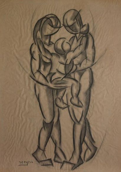 Serge MAGNIN (né en 1934). La famille. Fusain...