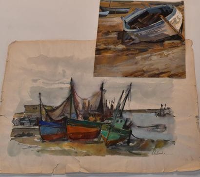 Robert ROLLAND (XXe). Marée basse et barque....