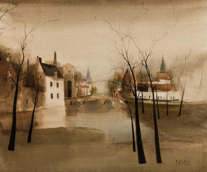 Georges DAMIN (né en 1942). Bruges. Huile...