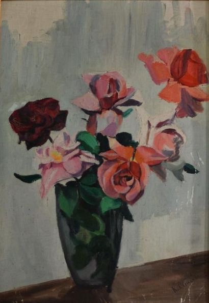 Reine CIMIERE (XXe). Bouquet de roses. Huile...
