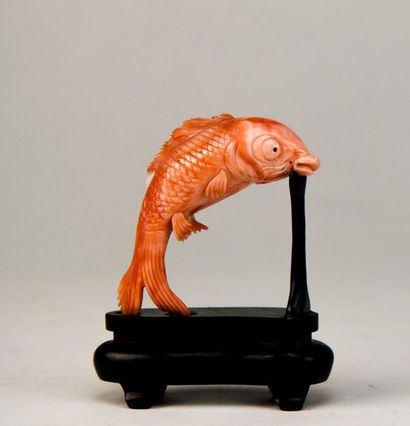 CHINE. Poisson sautant en corail rose sculpté....