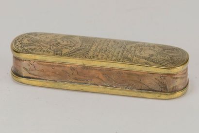 Boîte à tabac oblongue en cuivre et laiton,...