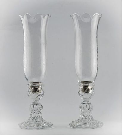 BACCARAT. Pair of crystal photophores engraved...