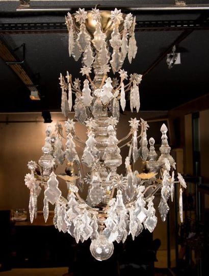 Large bronze cage chandelier with crystal...