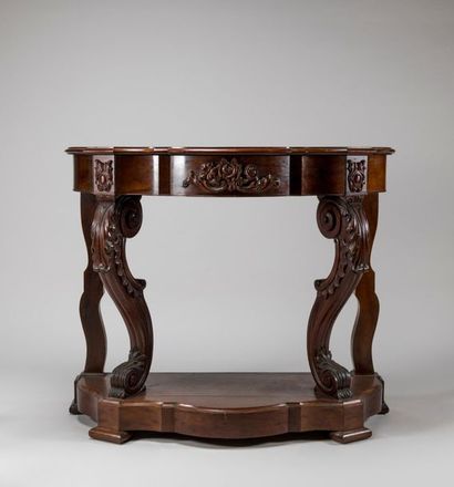 Pair of mahogany consoles molded and carved,...