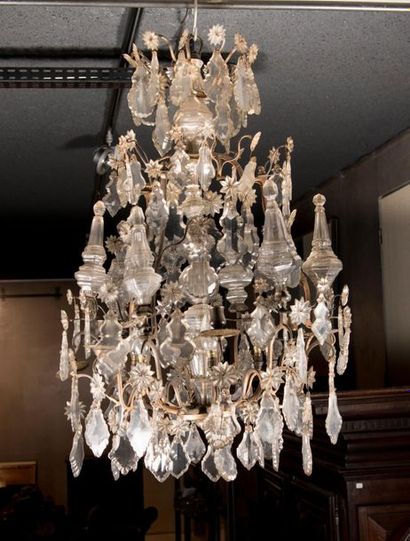 Large bronze cage chandelier with pendants,...