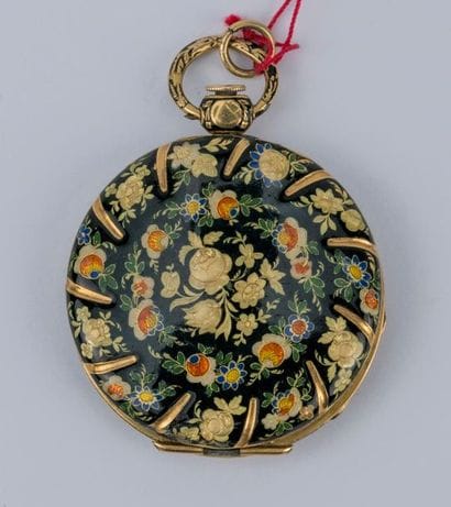 Yellow gold collar watch, engraved and polychrome...