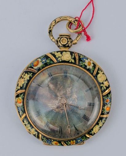 Yellow gold collar watch, engraved and polychrome...