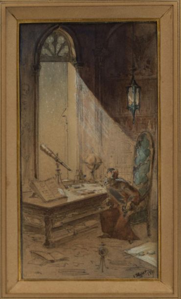 Ecole du XIXème siècle. L'astronome. Aquarelle...