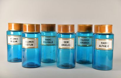 Lot de six pots à pharmacie en verre bleu,...