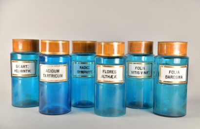 Lot de six pots à pharmacie en verre bleu,...