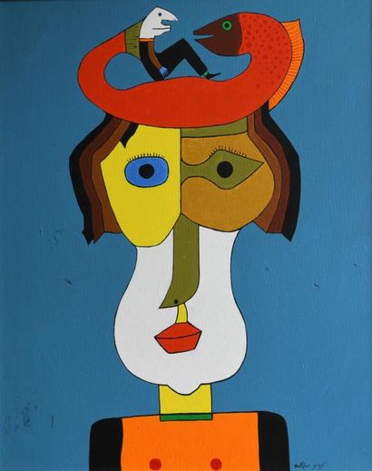 André MATHIAU (1933-2013). 
 Figure on blue...