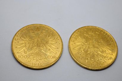 Deux pièces de 100 couronnes or François-Joseph...