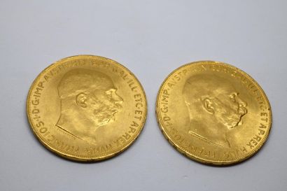 Deux pièces de 100 couronnes or François-Joseph...