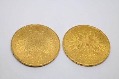 Deux pièces de 100 couronnes or François-Joseph...